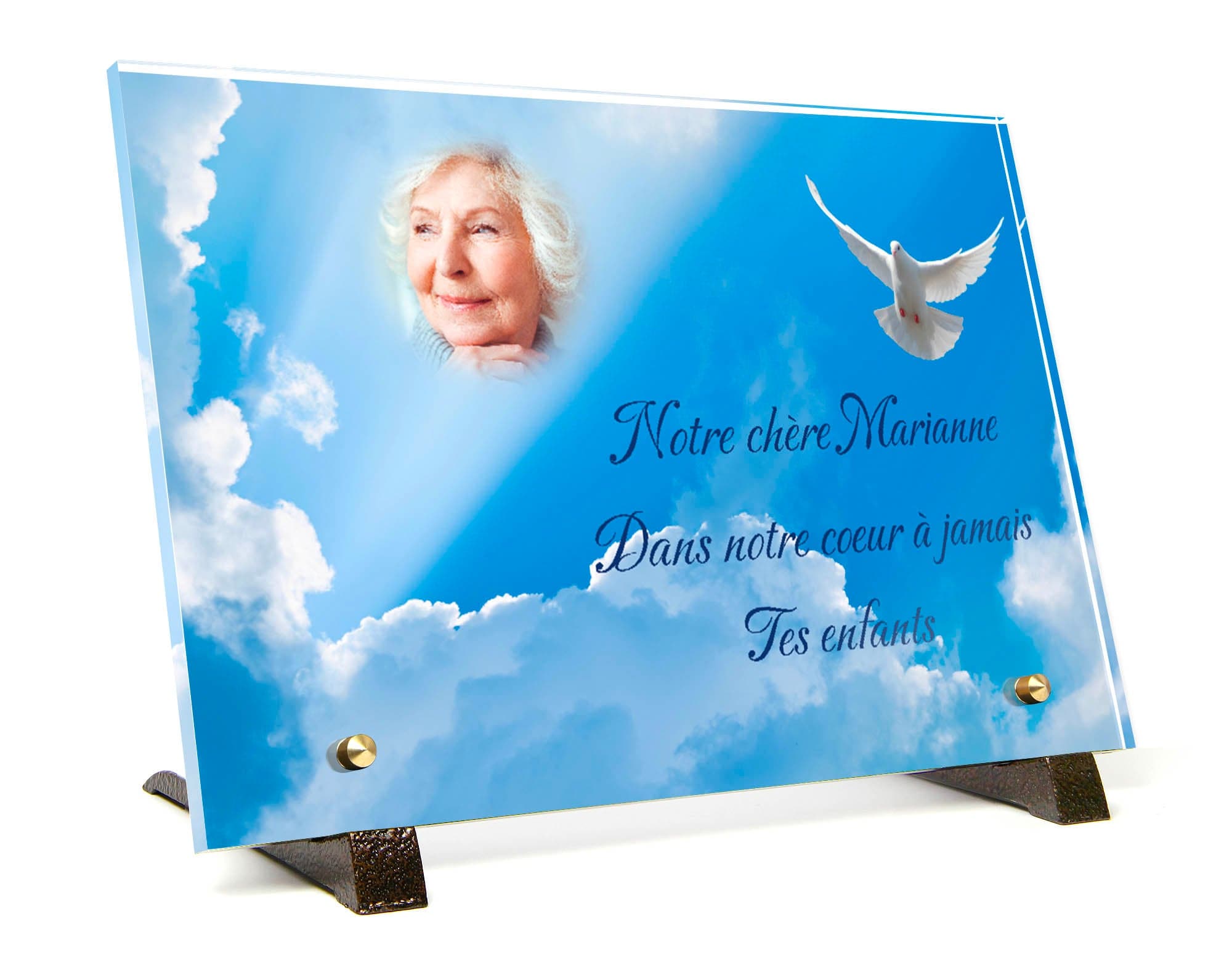 Plaque Funéraire Gravée Motif Colombe Avec Rameau - Rectangle 20x6,5 Cm Personnalisée Aluminium Brossé